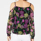 INC International Concepts Women's Shoulder Floral Smocked V Neck Evening Blouse Black Size PS