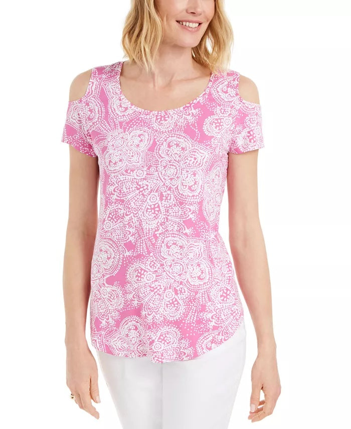 JM Collection Women's Printed Cold Shoulder Scoop Neck Top Pink Size XX-Large