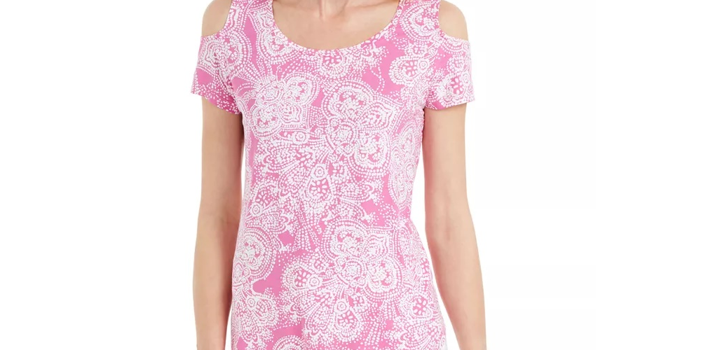 JM Collection Women's Printed Cold Shoulder Scoop Neck Top Pink Size XX-Large