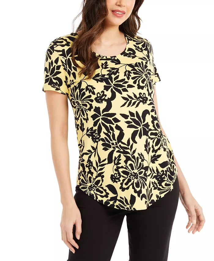 JM Collection Women's Scoop Neck Damask Top Black Size Large
