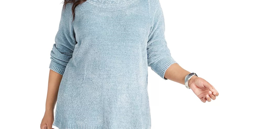 Karen Scott Women's Plus Boat Neck Chenille Sweater Blue Size 2X