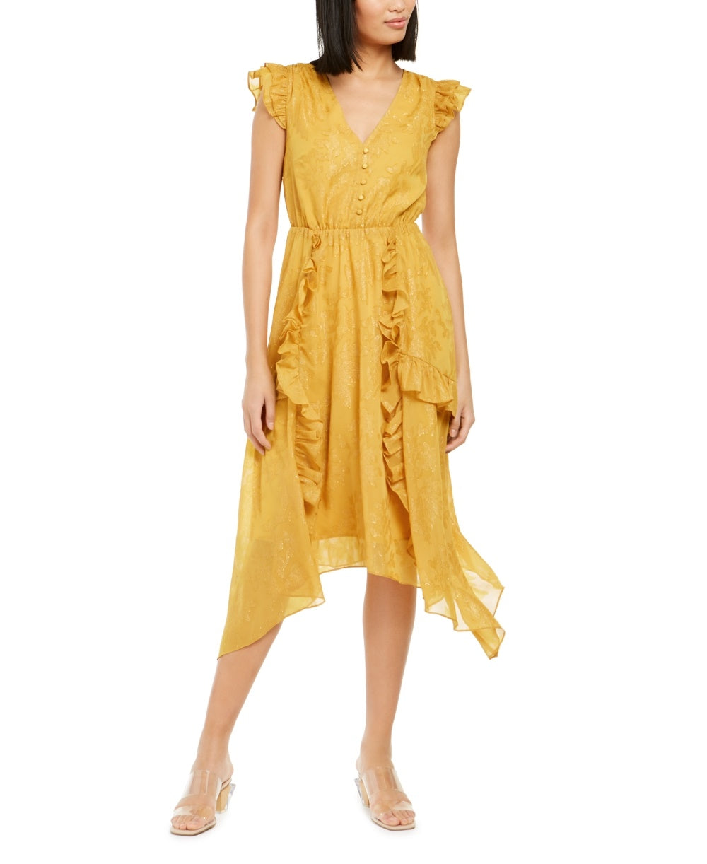 INC International Concepts Women's Burnout Print Midi Dress Yellow Size PS/M