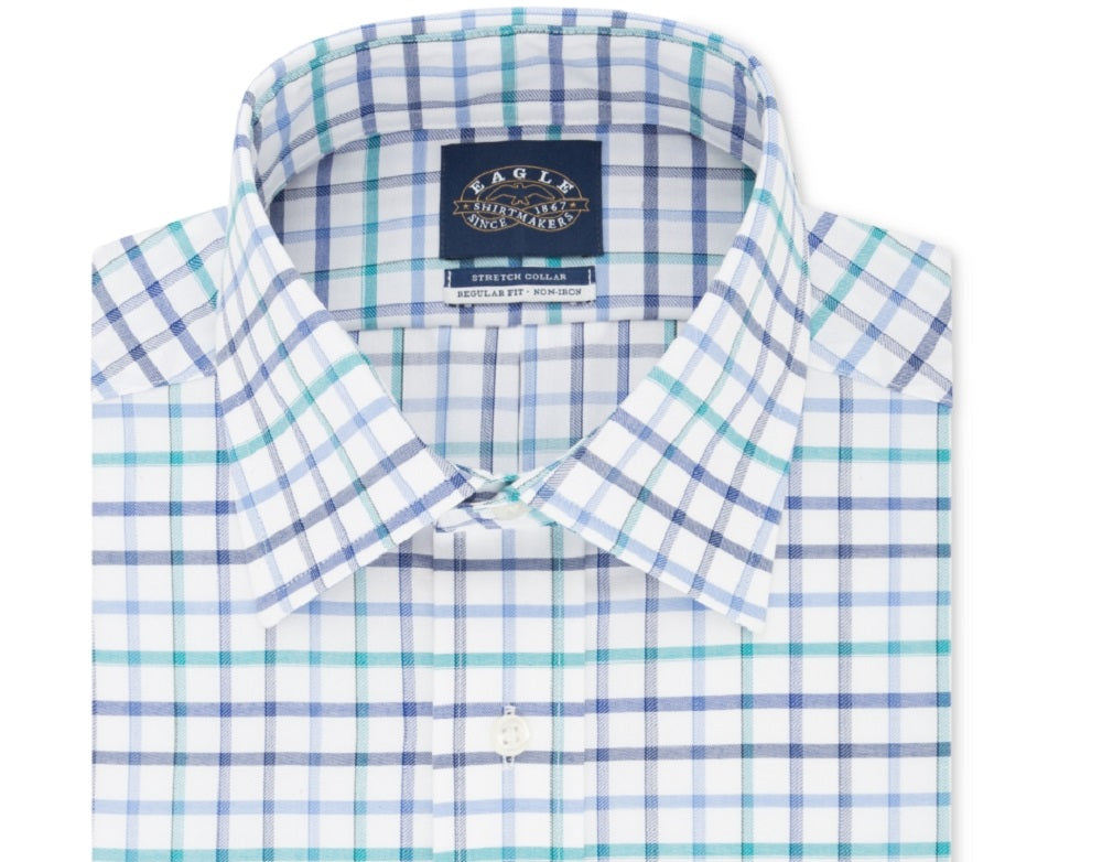 Eagle Men's Big & Tall Classic/Regular-Fit Non-Iron Flex Collar Check Dress Shirt Blue Size 37-38