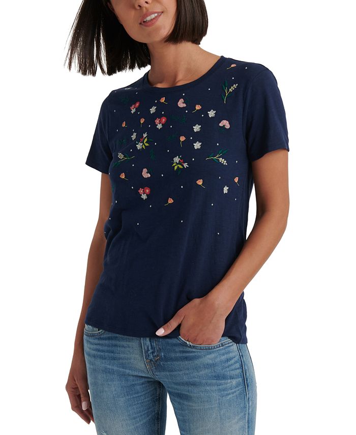 Lucky Brand Women's Floral Short Sleeve Crew Neck T-Shirt Top Blue Size X-Small