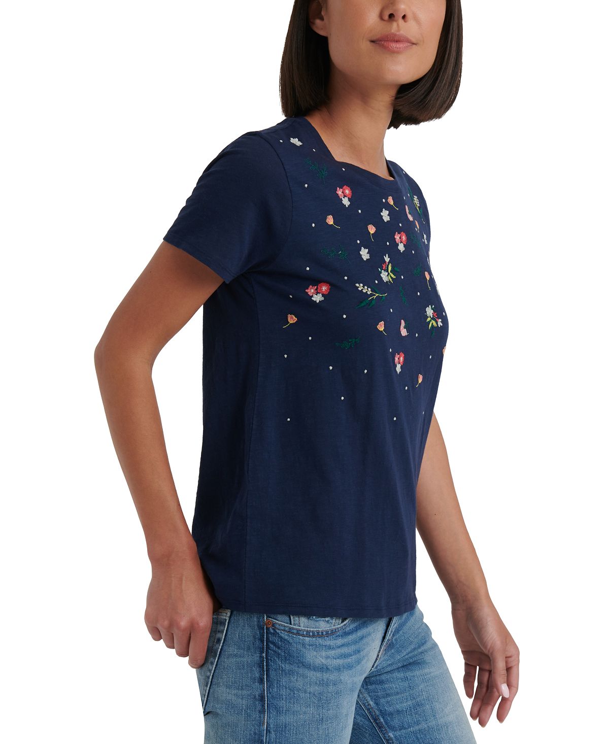 Lucky Brand Women's Floral Short Sleeve Crew Neck T-Shirt Top Blue Size X-Small