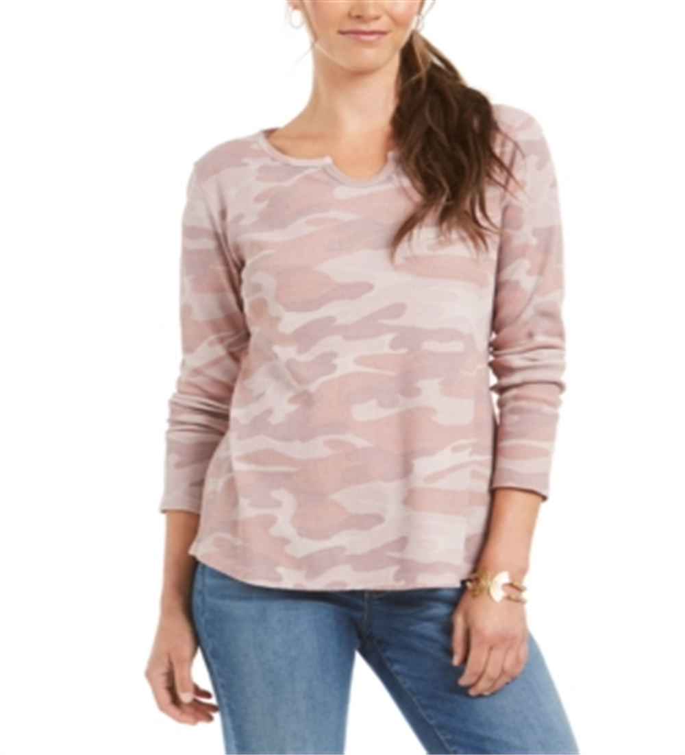 Style & Co Women's Printed Split Neck Cotton Thermal Top Pink Size M