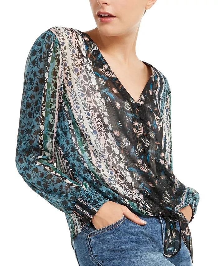 INC International Concepts Women's Printed Tie-Front Blouse Black Size X-Small