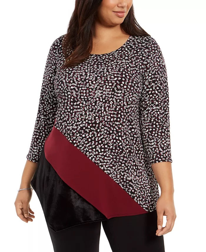 Alfani Women's Printed & Velvet Asymmetrical Top Black Size 2X