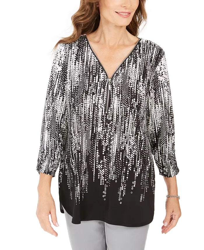 JM Collection Women's Petite Printed Zip-Neck Top Black Size Petite Medium