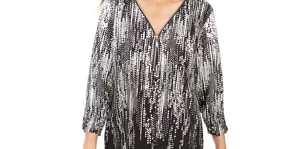 JM Collection Women's Petite Printed Zip-Neck Top Black Size Petite Medium