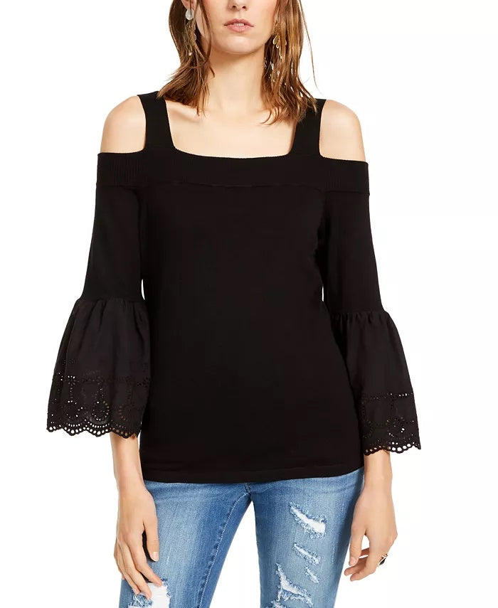 INC International Concepts Women's Cold Shoulder Solid Bell Sleeve Square Neck Top Black Size X-Small