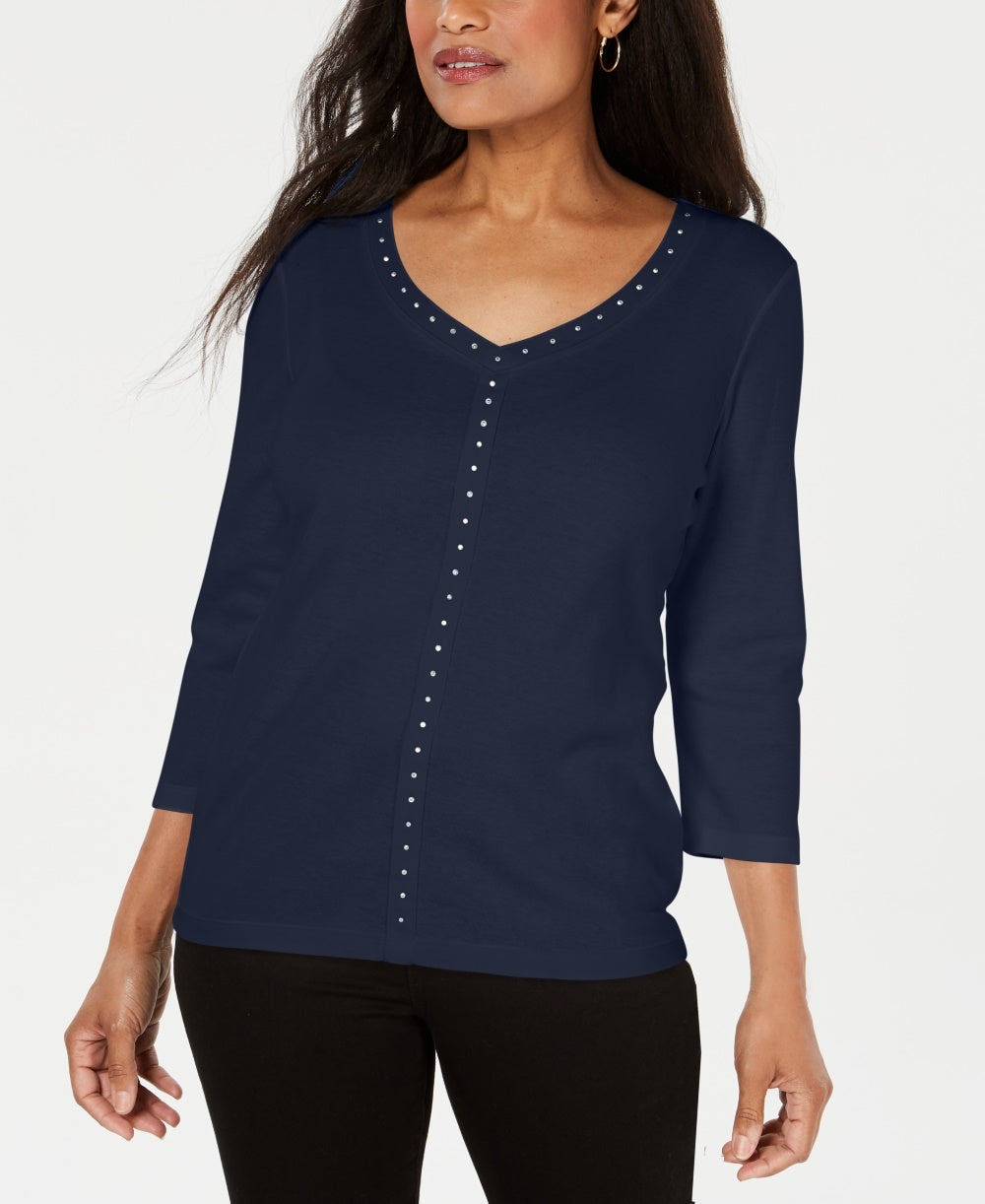 Karen Scott Women's V-Neck Studded Top Navy Size Extra Small