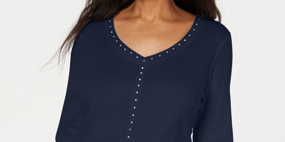 Karen Scott Women's V-Neck Studded Top Navy Size Extra Small