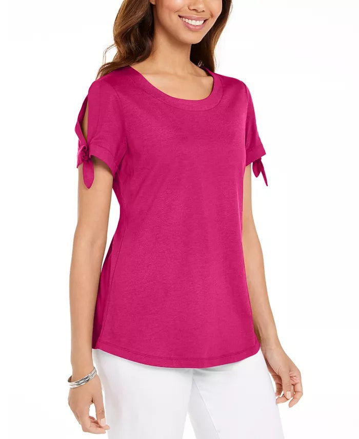 Karen Scott Women's Tie-Sleeve T-Shirt Pink Size Medium