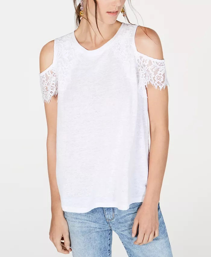 INC International Concepts Women's Lace Linen-Blend Cold-Shoulder Top White Size X-Small