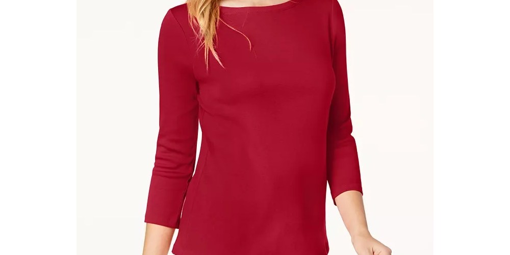 Charter Club Women's Pima Cotton Boat-Neck Button-Shoulder Top Red Size X-Small