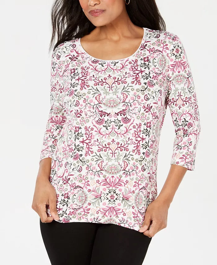 Karen Scott Women's Petite Printed Scoop-Neck Top Red Size Petite L