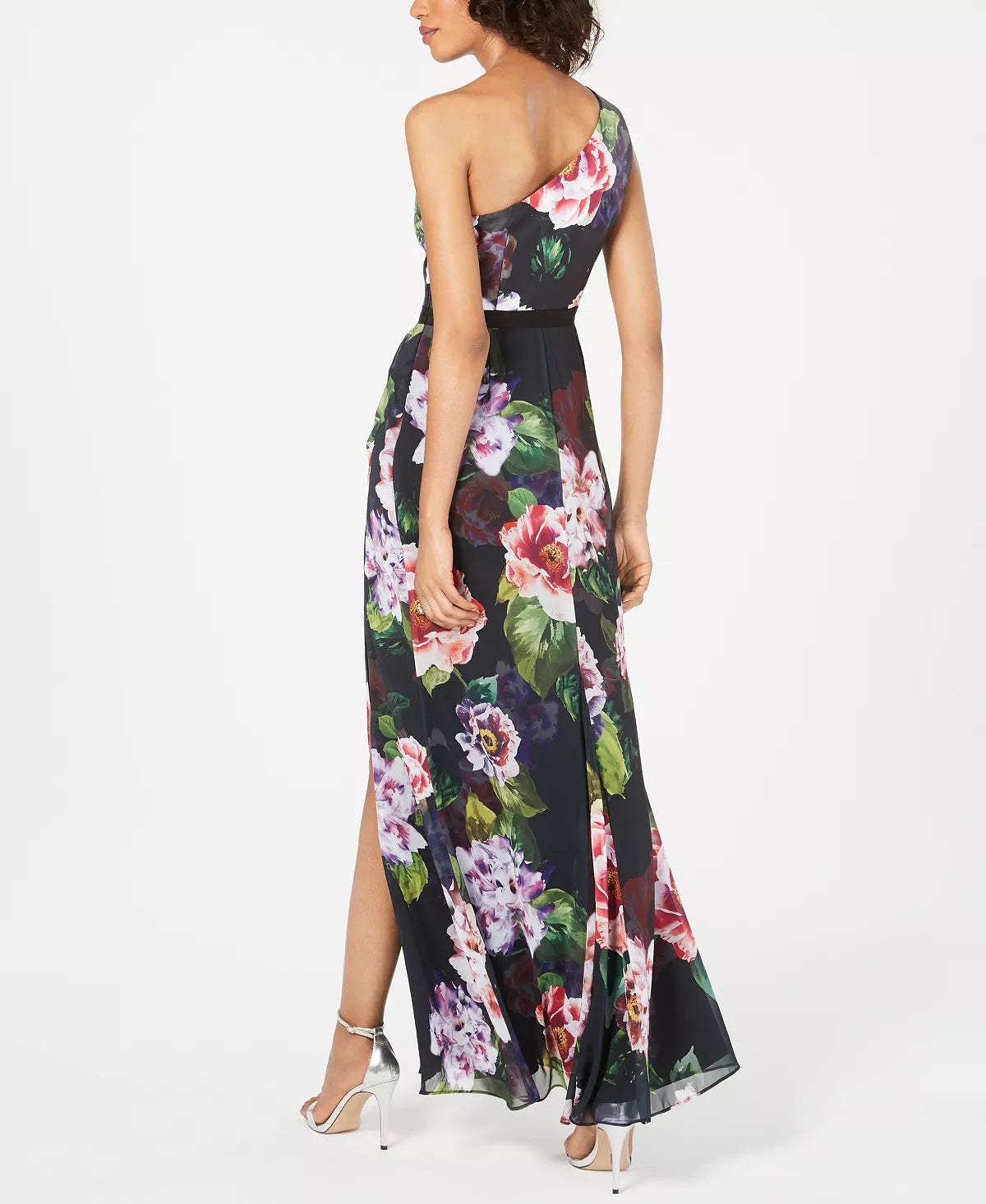 Adrianna Papell Women's Petite Floral-Print One-Shoulder Gown Black Size 8 Petite