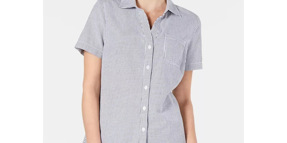 Karen Scott Women's Cotton Seersucker Shirt Blue Size Large