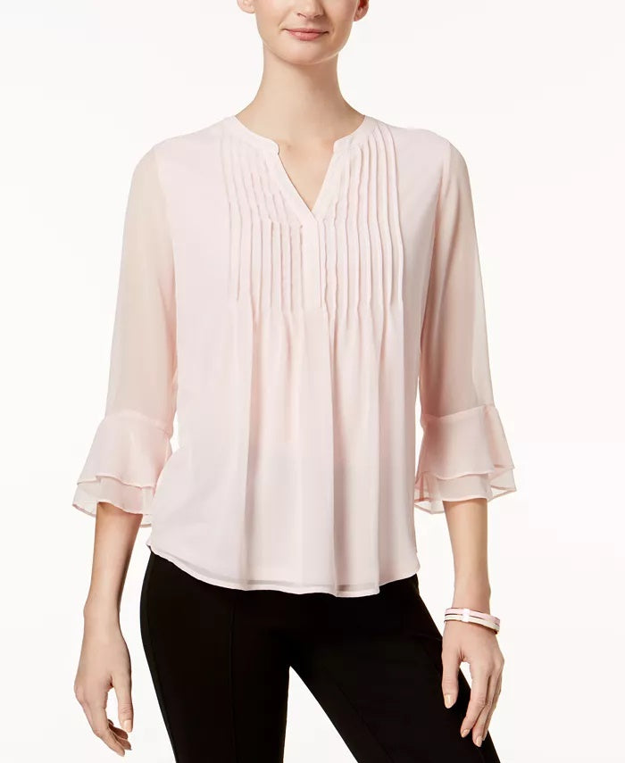 Charter Club Women's Petite Double Ruffle Solid Pintuck Top Pink Size Petite XL