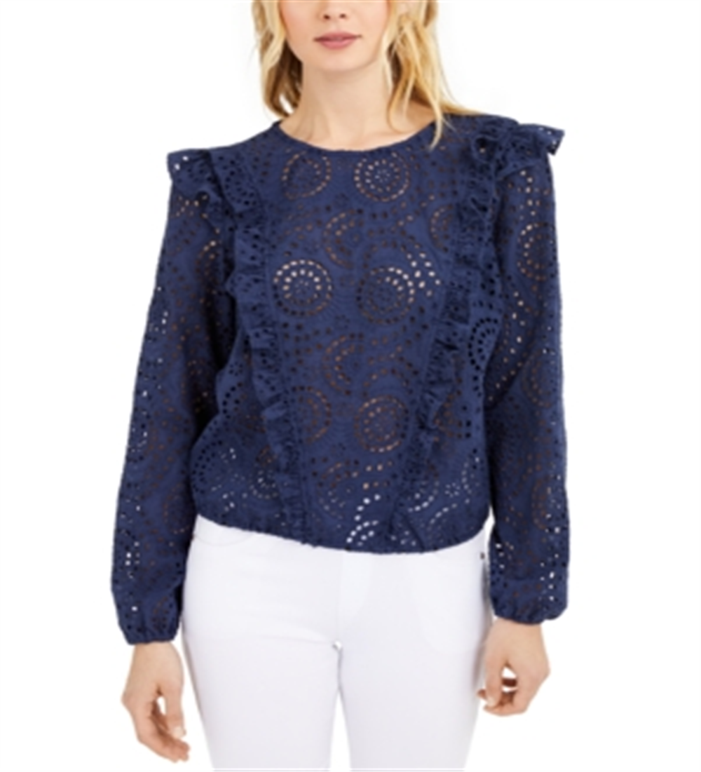 INC International Concepts Women's Ruffled Eyelet Top Blue Size Medium