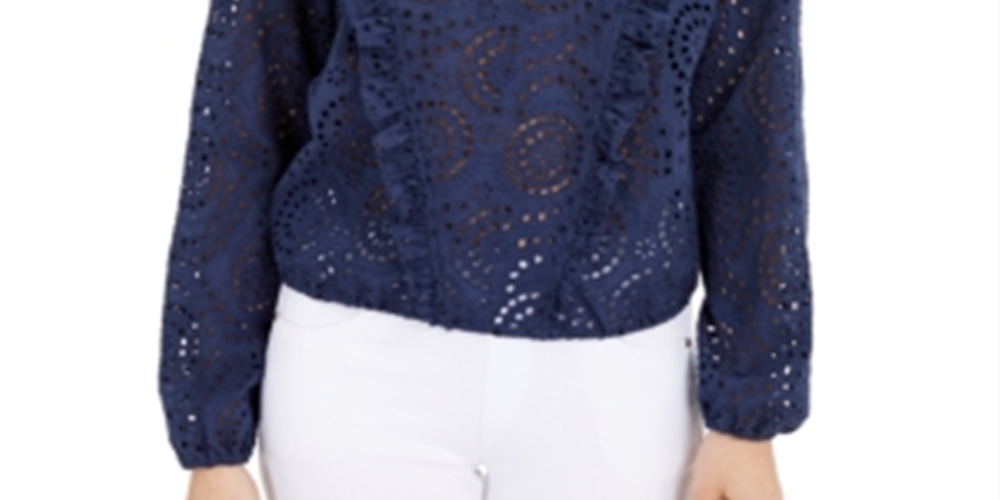 INC International Concepts Women's Ruffled Eyelet Top Blue Size Medium