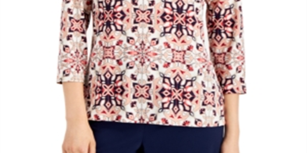 JM Collection Women's Geometric Print Scoop Neck Top Pink Size X-Large