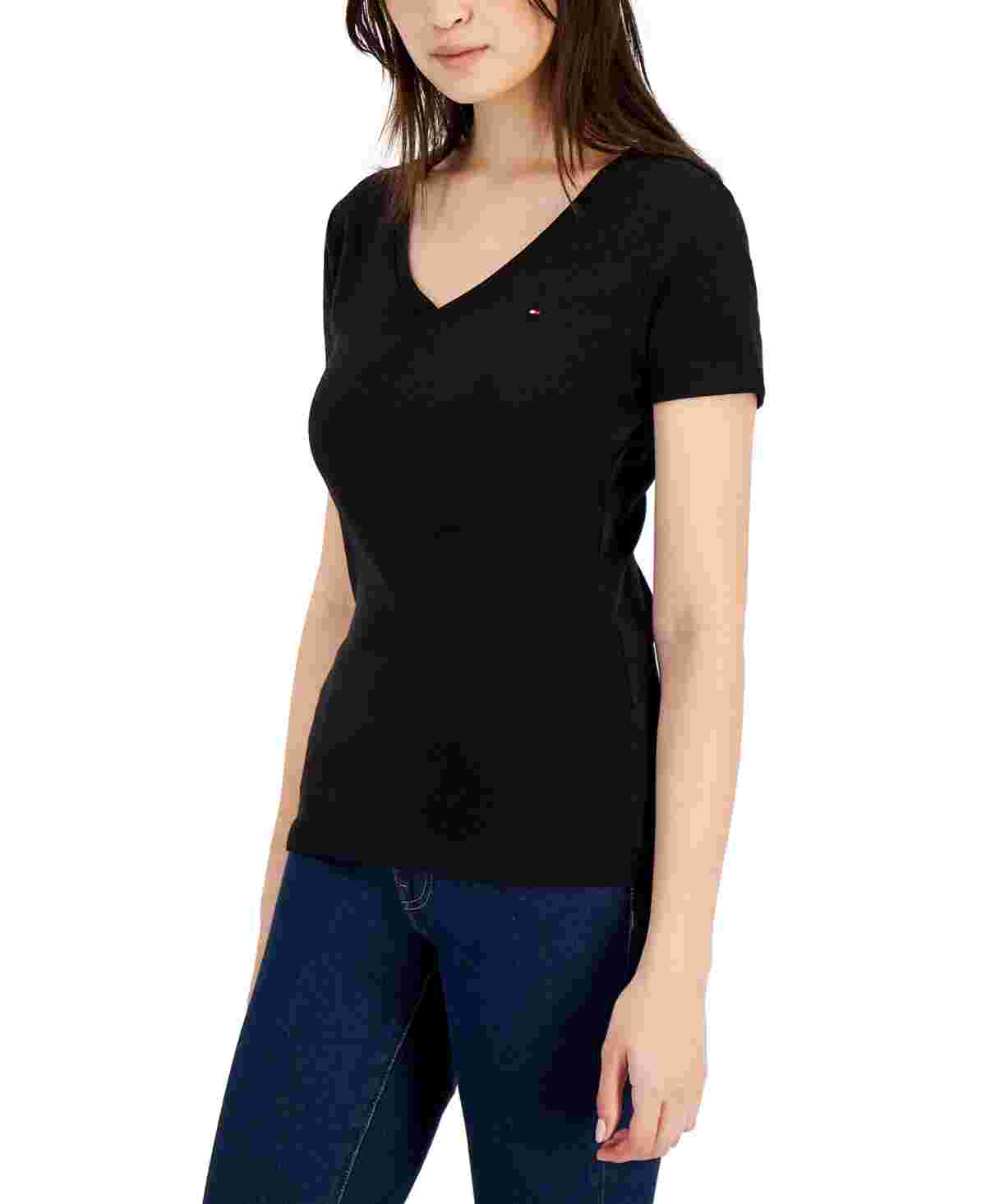 Tommy Hilfiger Women's V Neck T-Shirt Black Size Medium