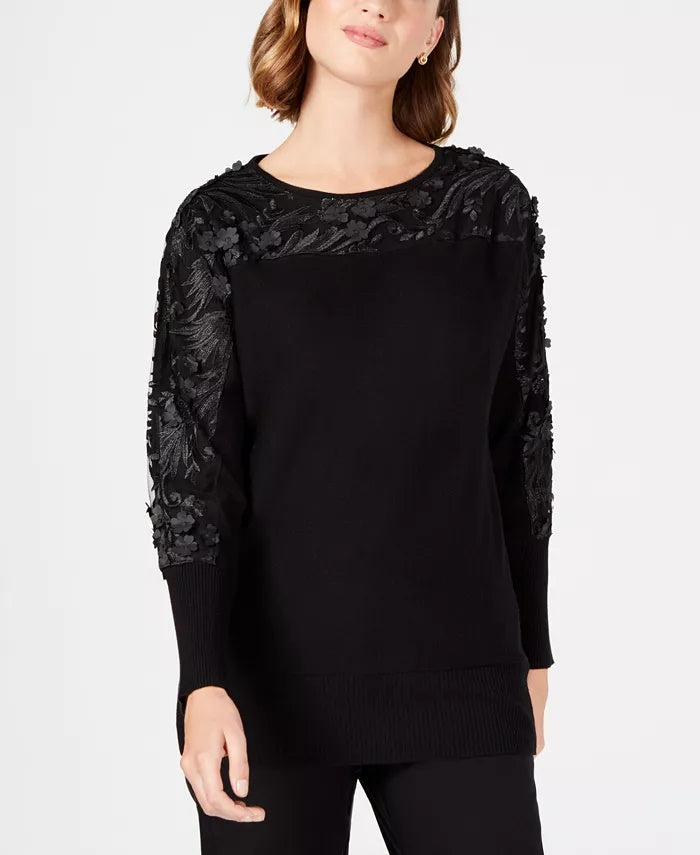 JM Collection Women's Embellished Mesh Sweater Black Size X-Small