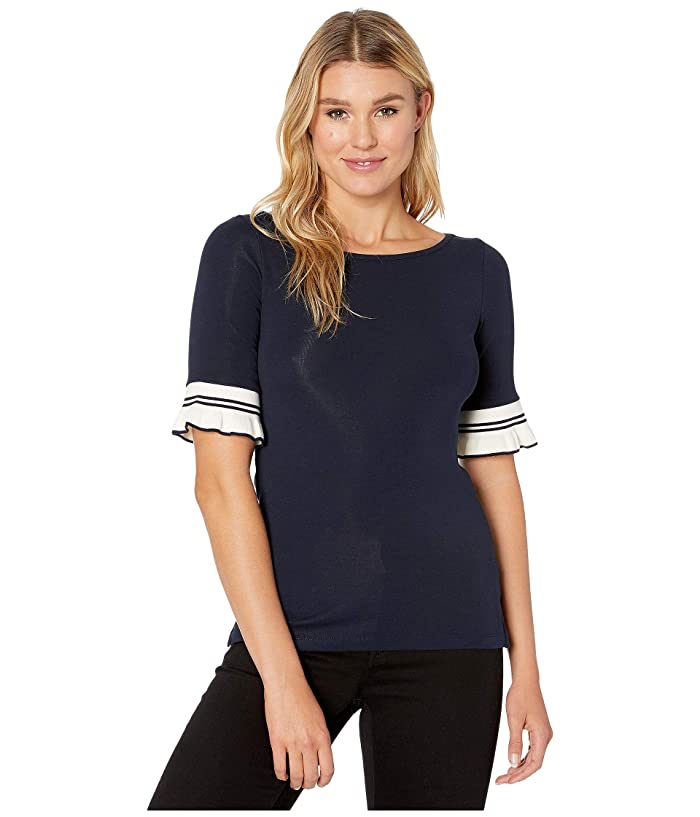 Ralph Lauren Women's Ruffled Cuff Stretch Cotton Top Blue Size Medium