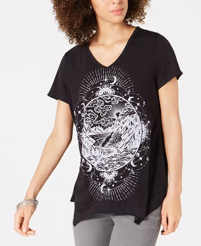 Style & Co Women's Graphic Print Handkerchief Hem T-Shirt Black  Size XX-Large