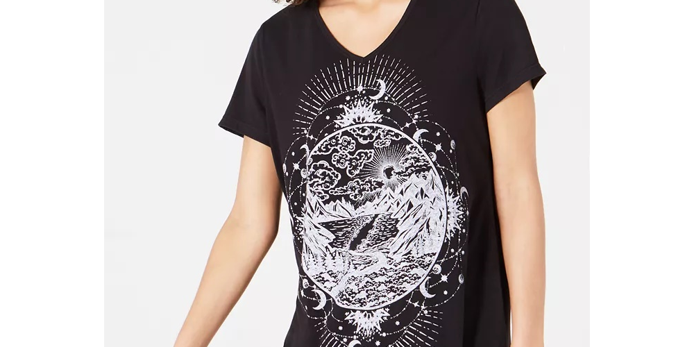 Style & Co Women's Graphic Print Handkerchief Hem T-Shirt Black  Size XX-Large