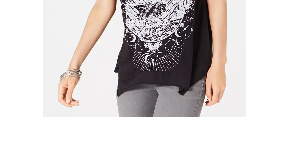 Style & Co Women's Graphic Print Handkerchief Hem T-Shirt Black  Size XX-Large