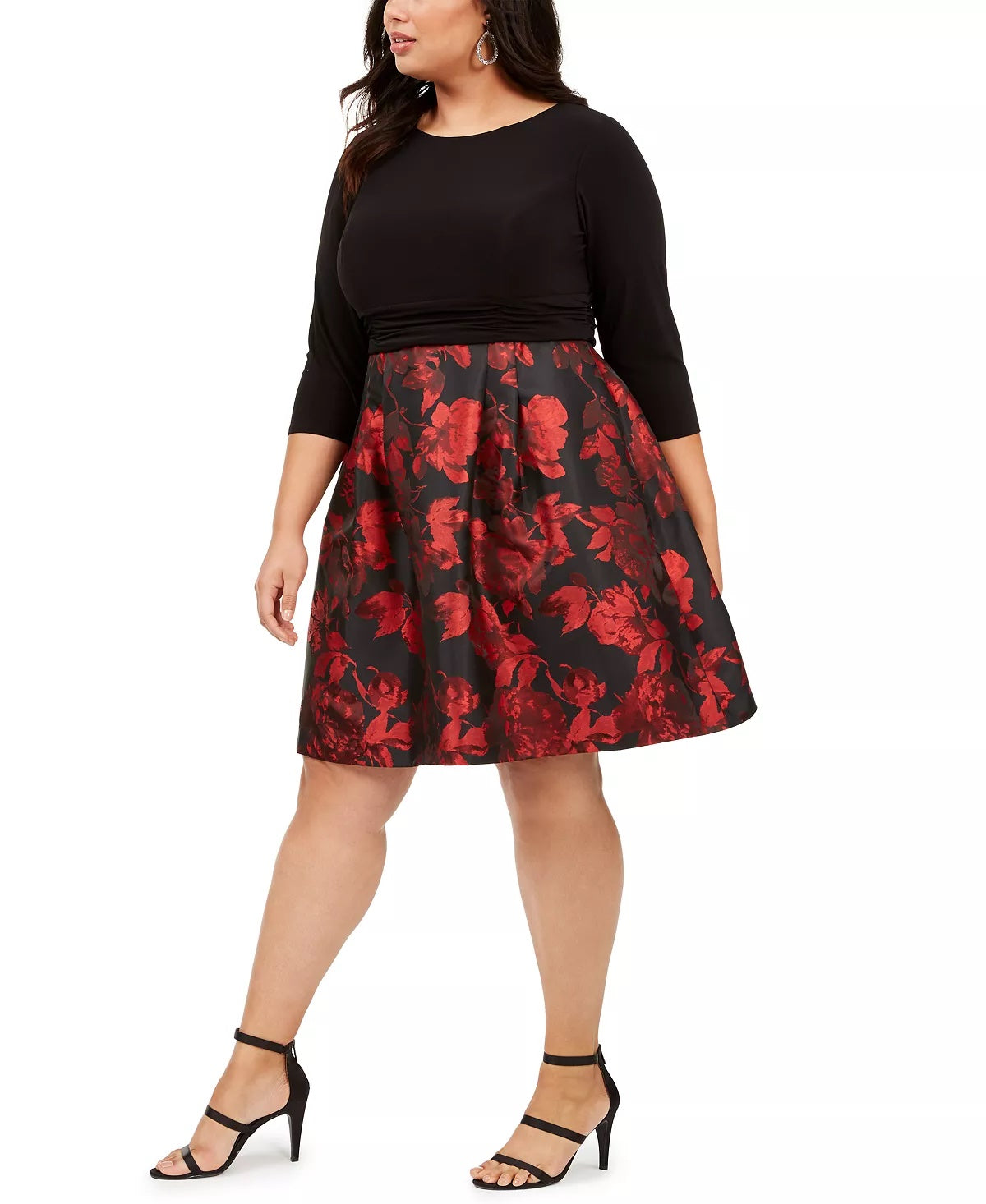 Jessica Howard Women's Zippered Floral 3/4 Sleeve Jewel Neck Above The Knee Fit Flare Party Dress Black Size 14W