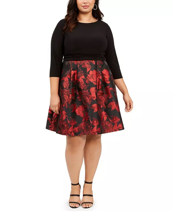 Jessica Howard Women's Zippered Floral 3/4 Sleeve Jewel Neck Above The Knee Fit Flare Party Dress Black Size 18W