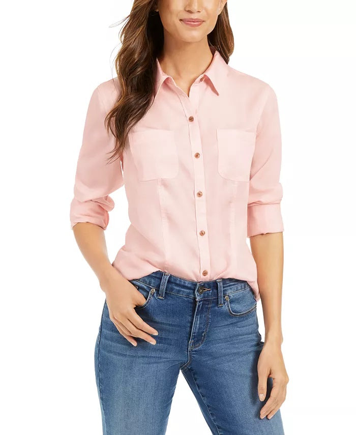 Charter Club Women's Patch Pocket Shirt Pink Size Petite L