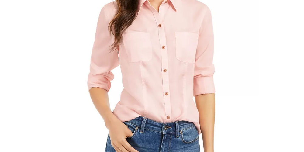 Charter Club Women's Patch Pocket Shirt Pink Size Petite L