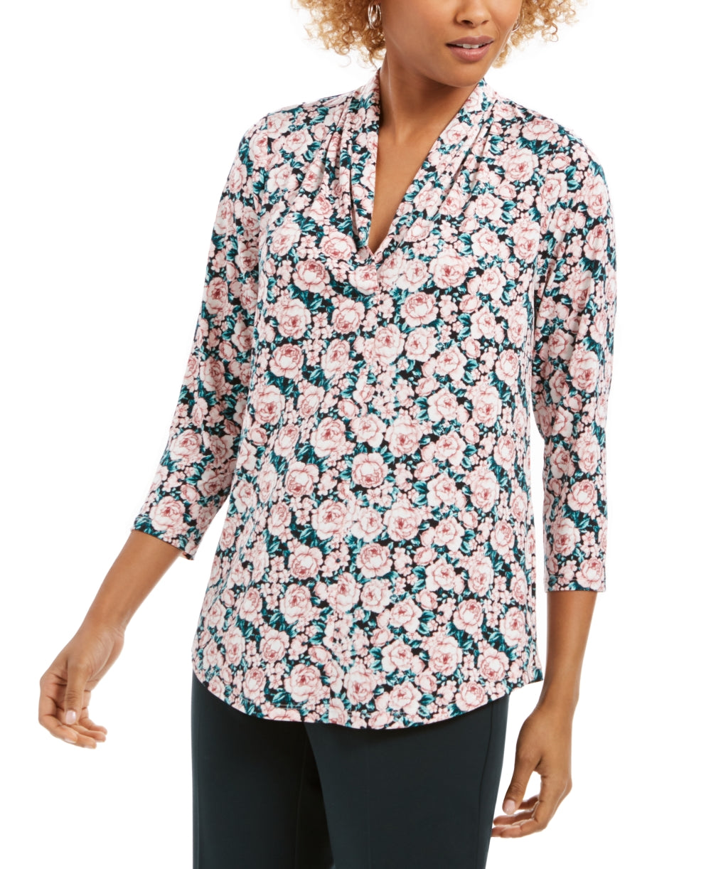 Charter Club Women's Floral Print Ruched V-Neck Blouse Pink Size X Large