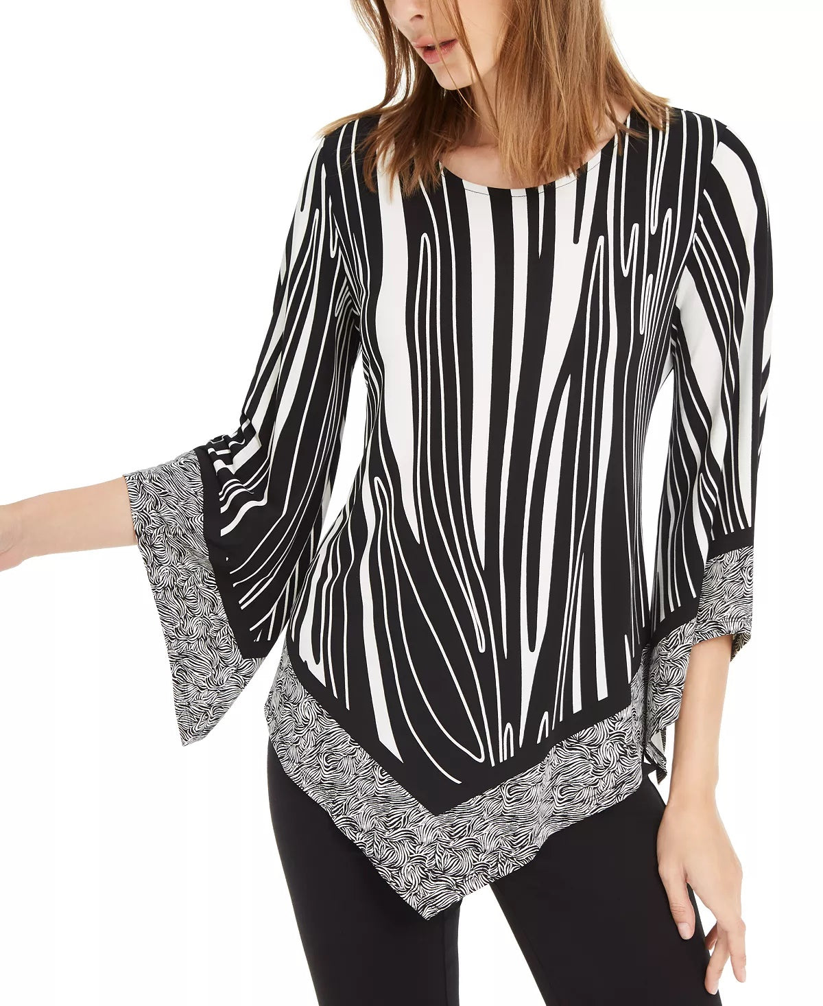 Alfani Women's Mixed Print V Hem Top Black Size Small