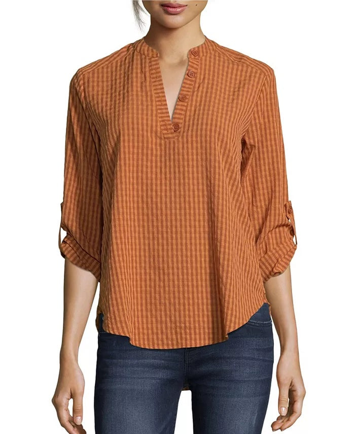 John Paul Richard Women's Gingham Roll Tab Blouse Red Size Large