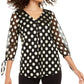Alfani Women's V Neck Dot Print Mesh Top Black Size -L