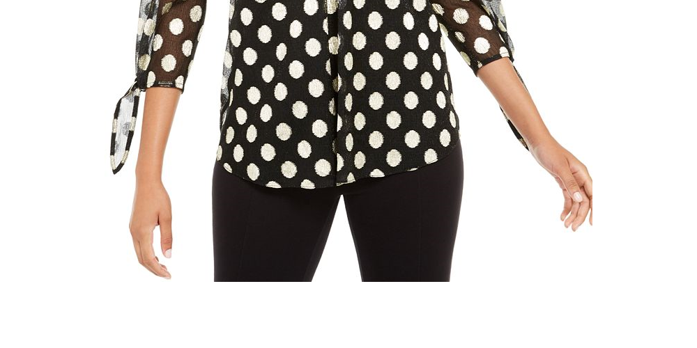 Alfani Women's V Neck Dot Print Mesh Top Black Size -L