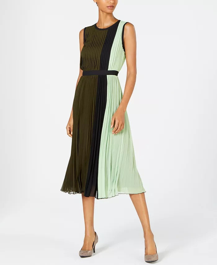 Alfani Women's Colorblocked Pleated Sleeveless Dress  Green Size 12
