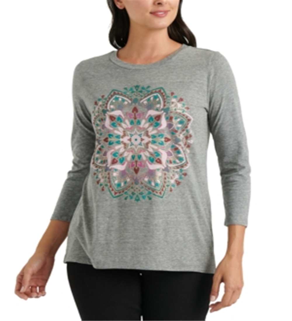 Lucky Brand Women's Mandala 3/4-Sleeve T-Shirt Gray Size XL