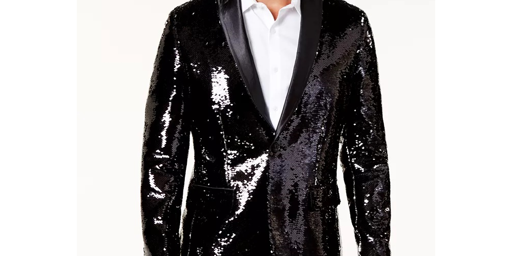 INC International Concepts Men's Slim Fit Reversible Sequined Blazer  Black Size XLT