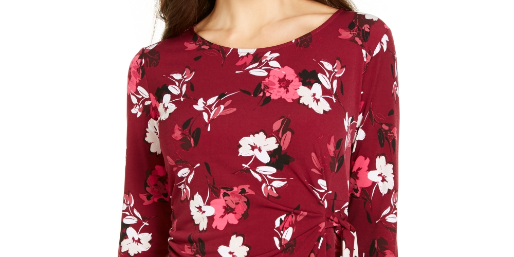 Alfani Women's Printed Side Tie Top Wine Size Petite L