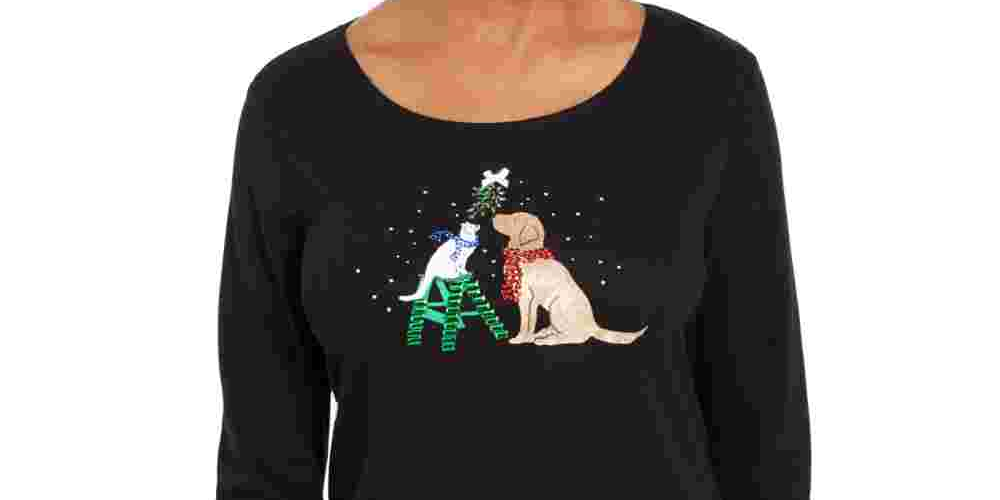 Karen Scott Women's Embellished Holiday Shirt Black Size PSM