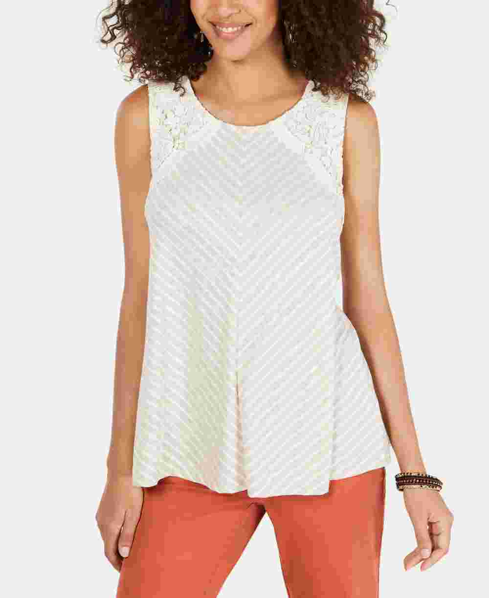 Style & Co Women's Striped Lace Sleeveless Top Beige Size Medium