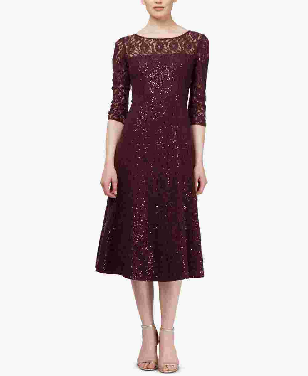 SL Fashions Women's 3/4 Sleeve Sequin Lace Dress Burgundy Size 14