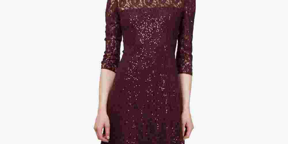SL Fashions Women's 3/4 Sleeve Sequin Lace Dress Burgundy Size 14